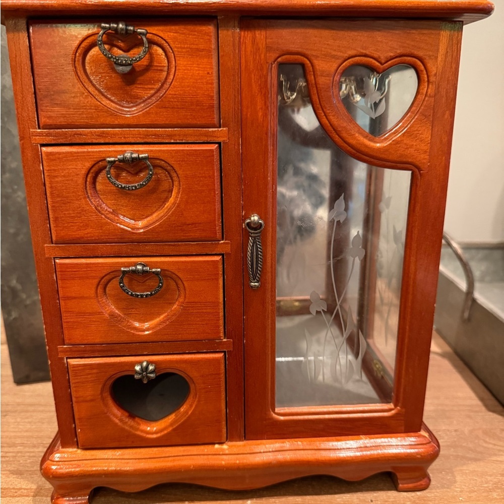 Vintage Wooden Jewelry Box Armoire Glass Door Heart 3 Drawers